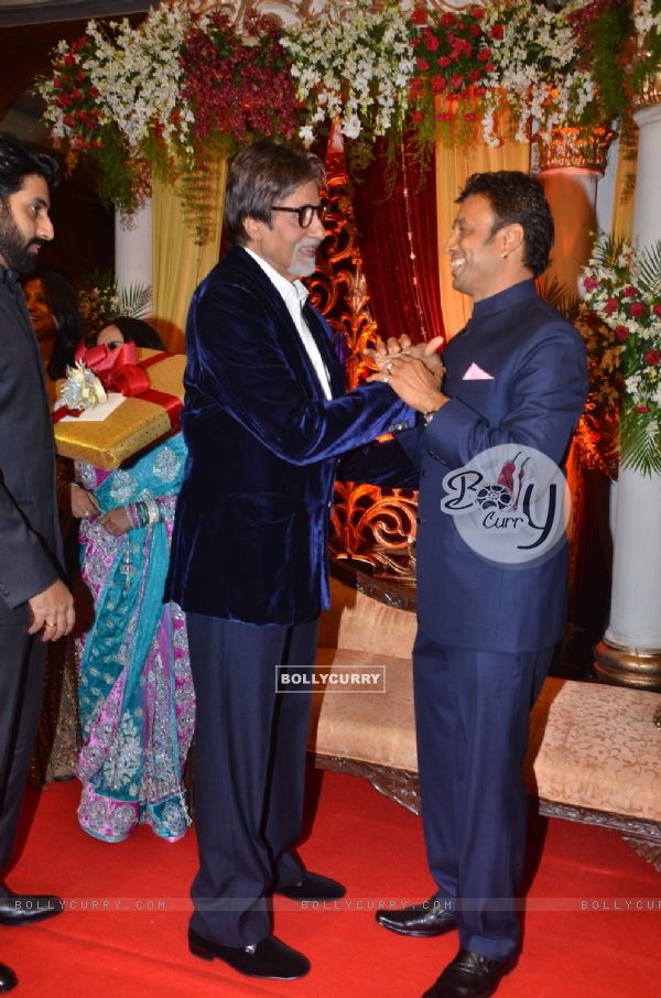 Amitabh Bachchan, Abhishek with Mahendra Verma at Bappa Lahiri and Taneesha Verma Wedding Reception