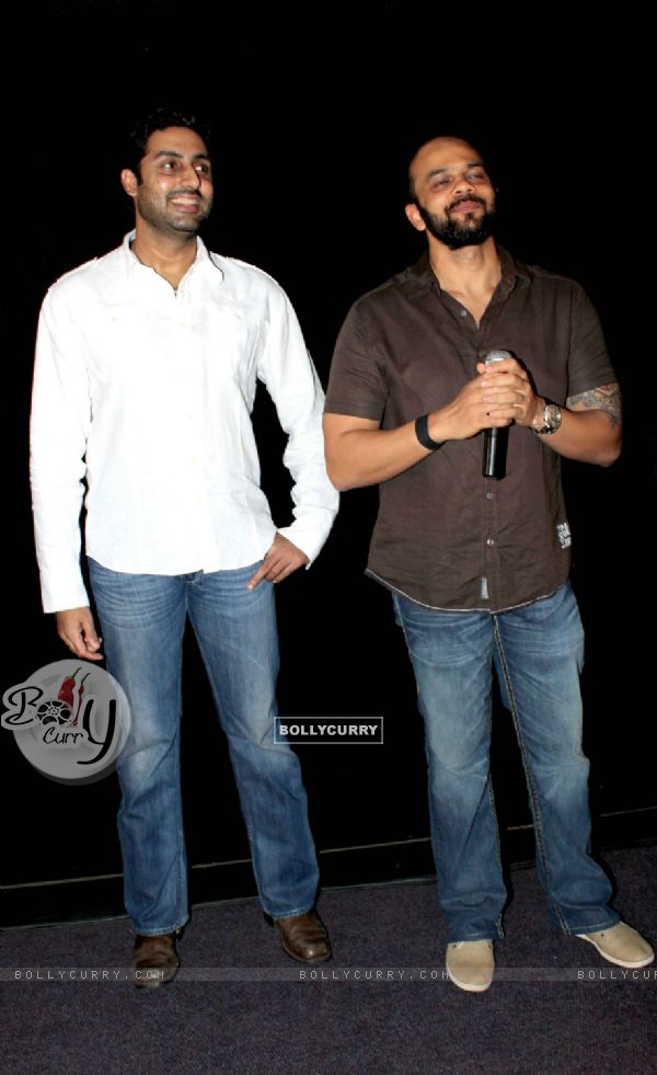 Bollywood actor Abhishek Bachchan and director Rohit Shetty visited Cinemax, Kandivali in Mumbai, to check the audience reaction to their recently released film 'Bol Bachchan'. .