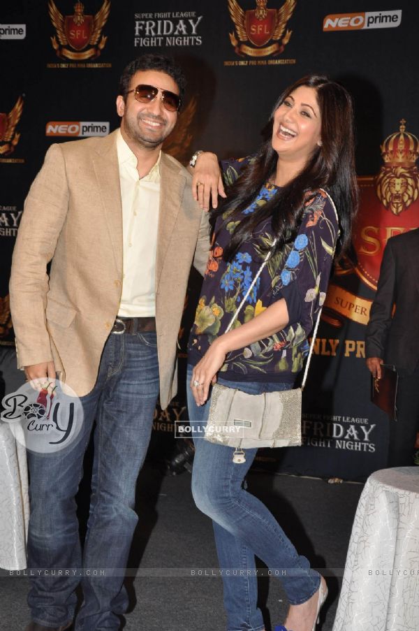 Shilpa Shetty with her husband Raj Kundra at SFL press meet