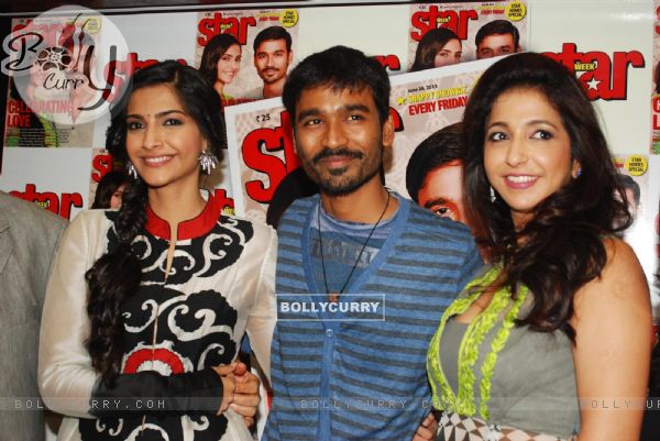 Sonam, Dhanush and Krishika at the launch of Magna Star Week's latest issue