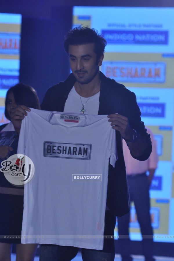 Ranbir Kapoor holds up the 'Besharam' T-shirt at the event (297399)