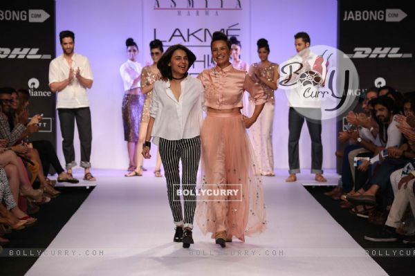 Asmita Marwa with her show stopper Adhuna Akhtar at Lakme Fashion Week Summer Resort