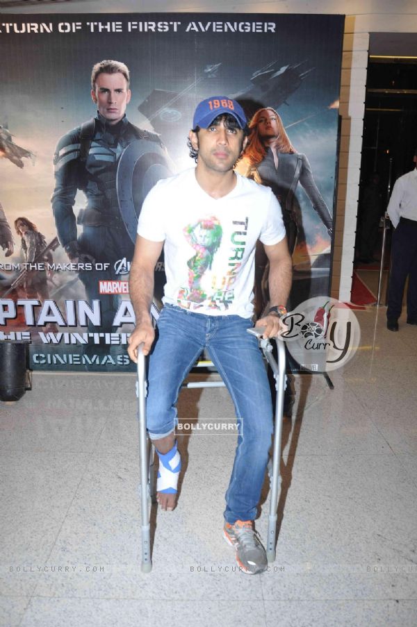 Amit Sadh sports a broken leg at the Screening of Captain America: The Winter Soldier