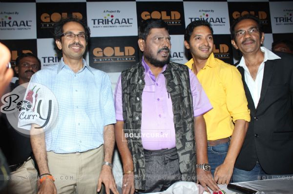 Shreyas Talpade with Uddhav Thackeray and Ramdas Athawale at the Re-launch of Hindmata Theatre