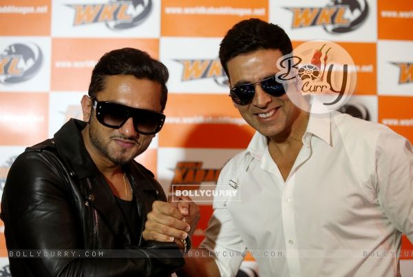 Akshay Kumar and Honey Singh pose for the media at the Launch of World kabaddi League in London