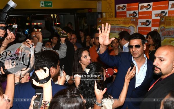 Akshay Kumar waves to the media at the Launch of World Kabaddi League in London