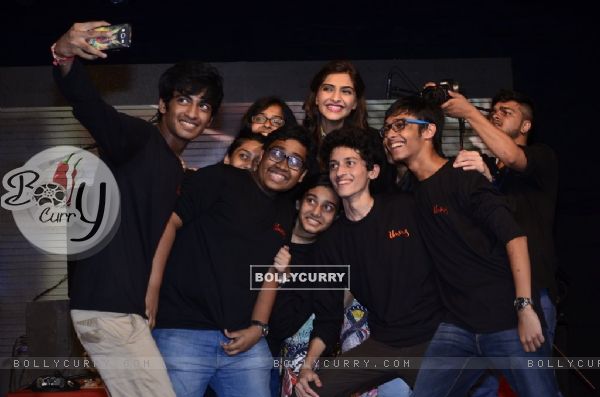 Sonam Kapoor gets a selfie with her fans at the Promotions of Khoobsurat at Mithibai College