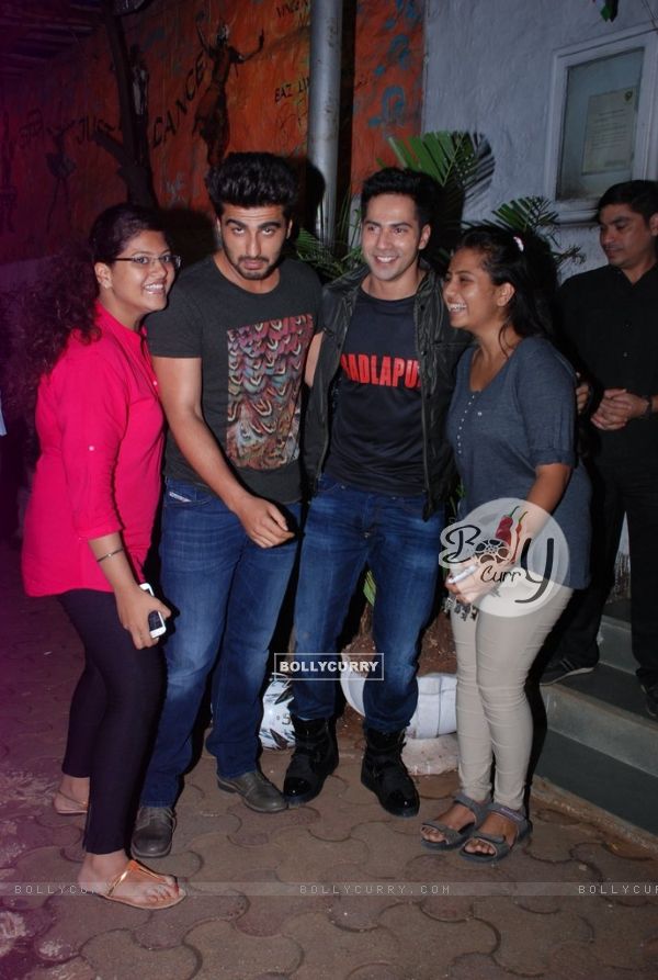 Arjun and Varun click a pic with their fans at the Wrap Up Party of Badlapur