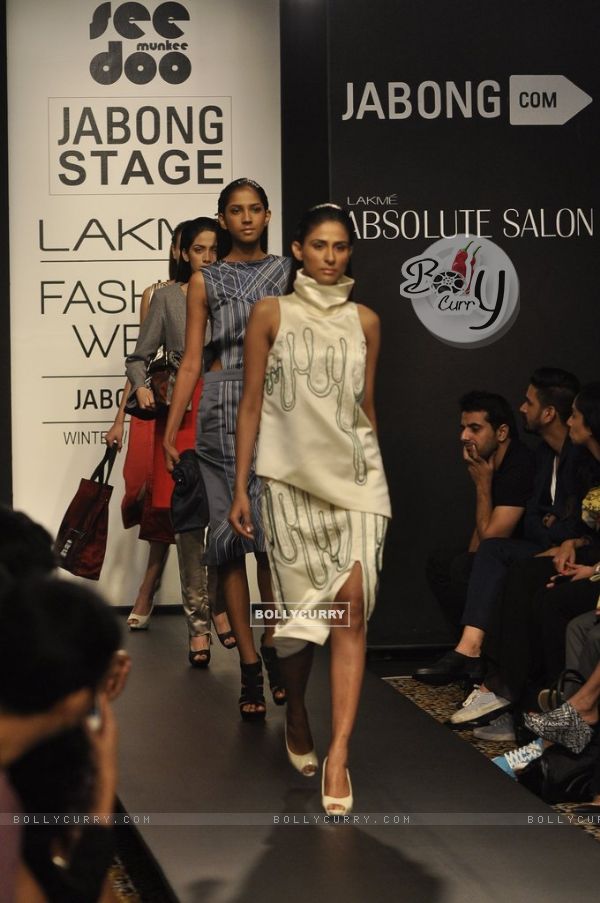 Models showcase designs by Munkee See Munkee Do at the Lakme Fashion Week Winter/ Festive 2014 Day 4