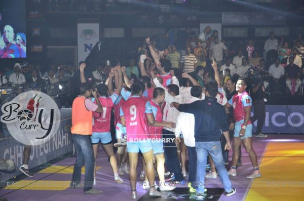 Abhishek Bachchan celebrates his win at the Pro Kabbadi League Semi Finals