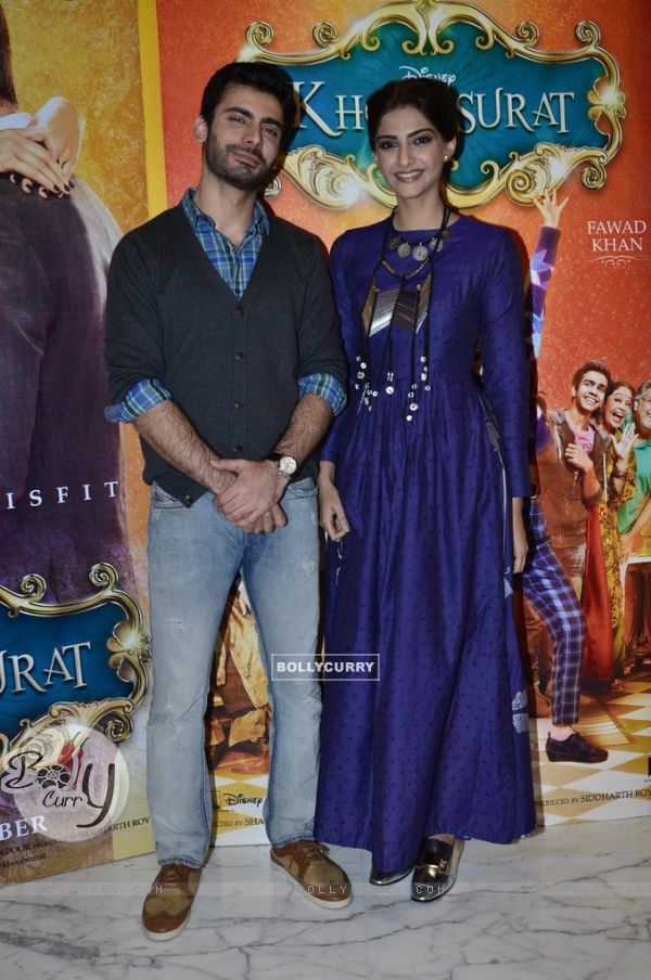 Sonam Kapoor and Fawad Khan pose for the media at the Promotions of Khoobsurat (335137)