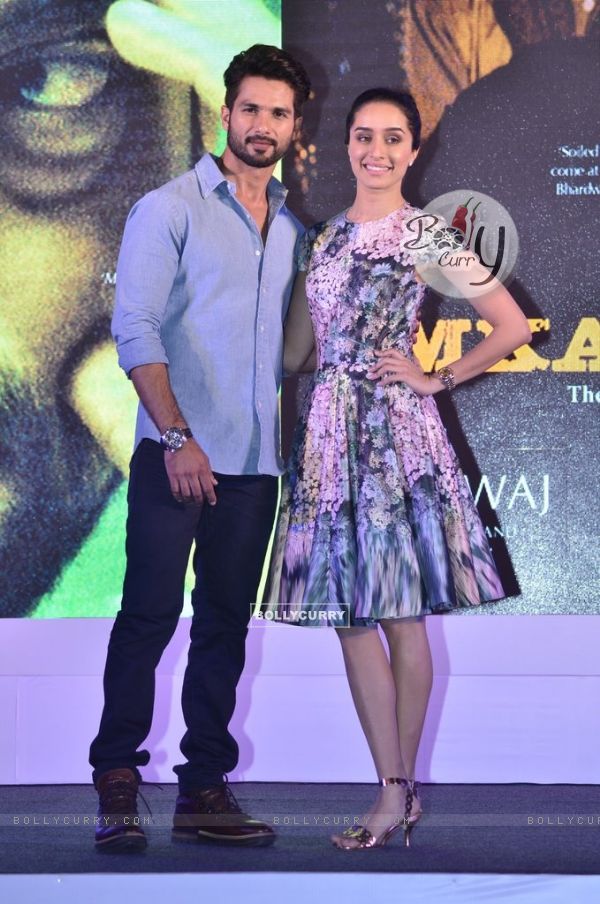 Shahid Kapoor and Shraddha Kapoor pose for the media at the Book Launch of Haider,Omkara and Maqbool