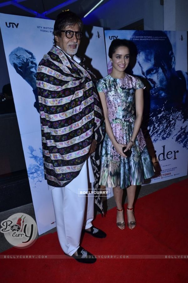 Shraddha Kapoor poses with Amitabh Bachchan at the Special screening of Haider