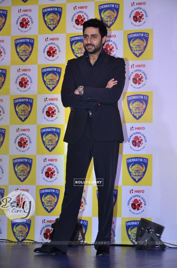 Abhishek Bachchan poses for the media at the ISL Chennai FC team launch