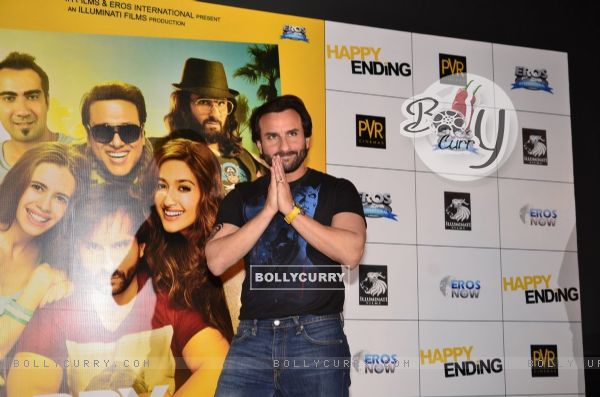 Saif Ali Khan greets the audience at the Trailer Launch of Happy Ending