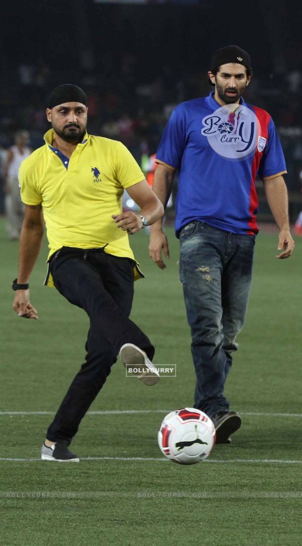 Harbhajan Singh and Aditya play some football at the Opening Ceremony of the Indian Super League