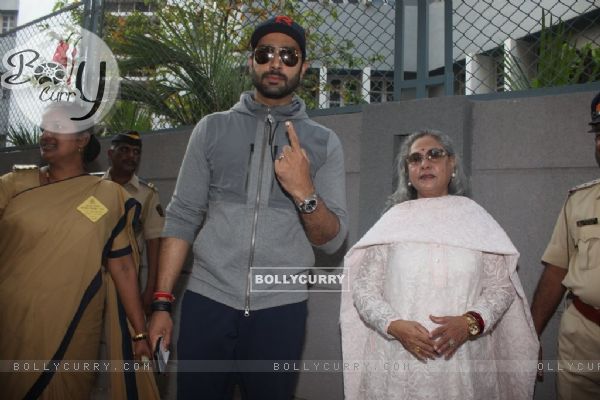 Abhishek Bachchan and Jaya Bachchan snapped outside their polling booth