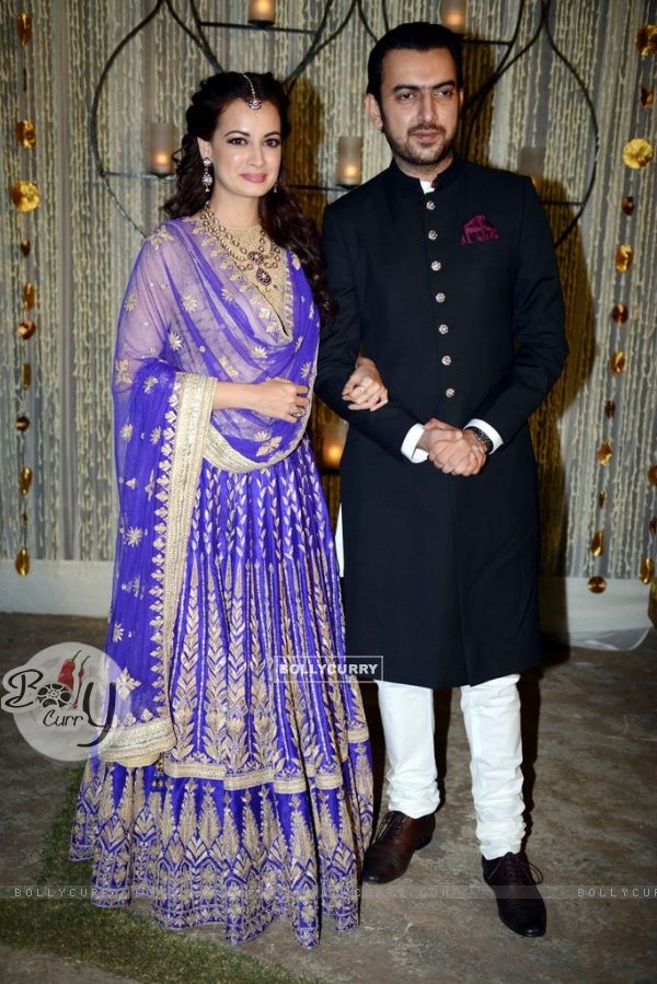 Dia Mirza and Sahil Sangha poses for the media at their Sangeet Ceremony