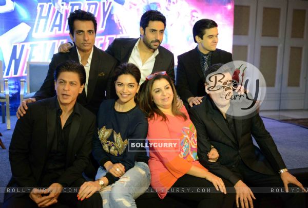 Team Happy New Year pose for the media during the Promotions in Delhi
