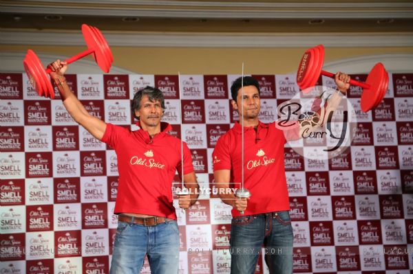 Milind Soman and Randeep Hooda pose with Old Spice props at the 'Mantastic Event ' by Old Spice
