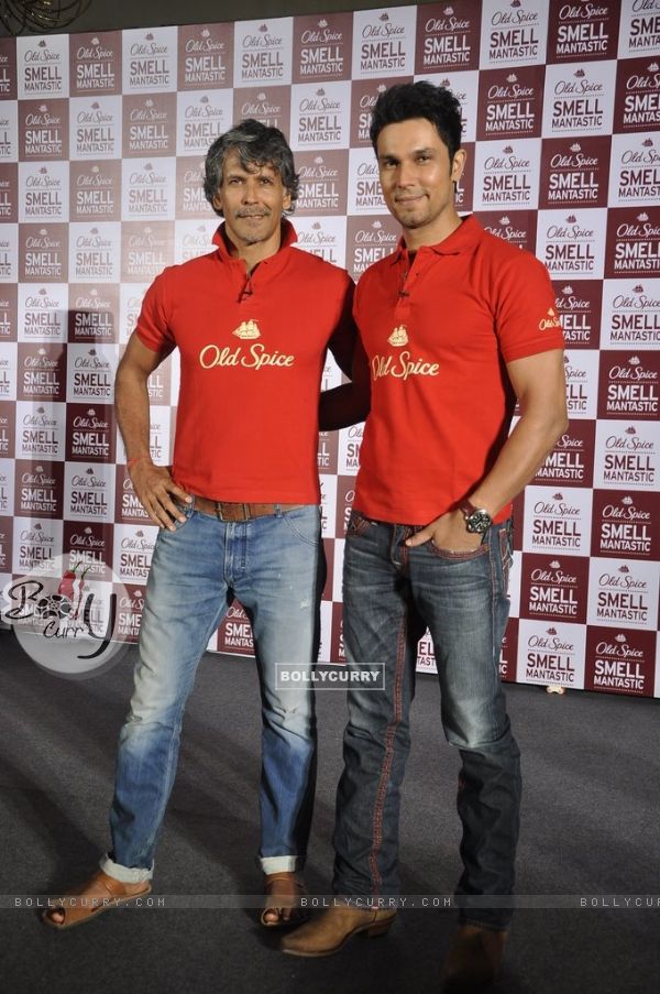 Milind Soman and Randeep Hooda pose for the media at the 'Mantastic Event' by Old Spice