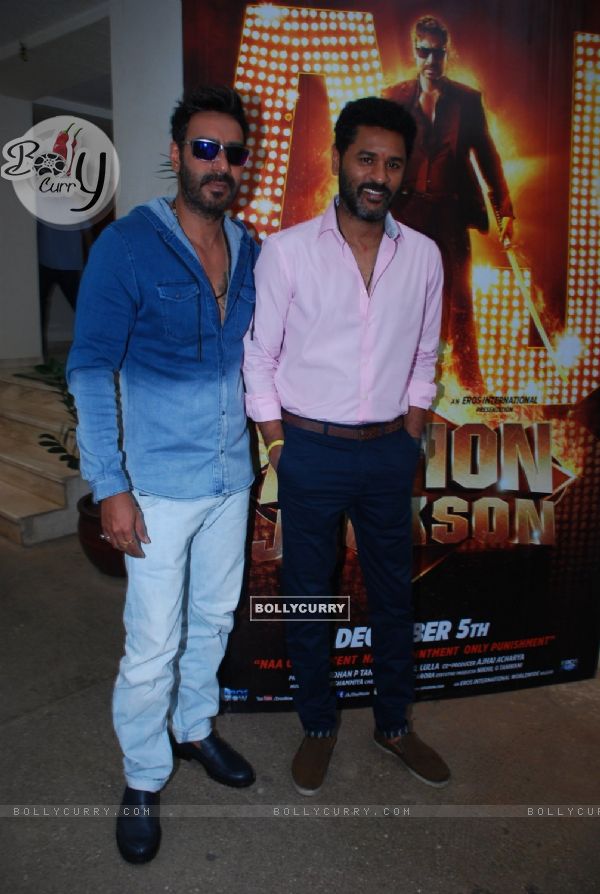 Ajay Devgn and Prabhu Deva pose for the media at the Song Launch of Action Jackson