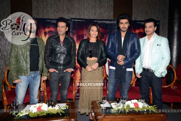 Team poses for the media during the Promotions of Tevar in Delhi
