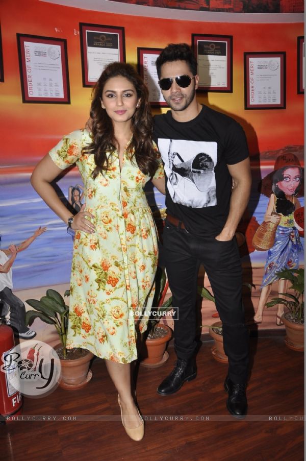 Varun Dhawan and Huma Qureshi pose for the media at the Promotions of Badlapur on 93.5 Red FM