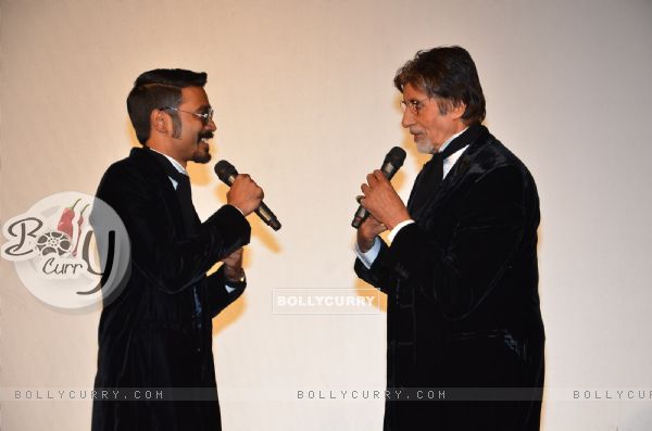 Dhanush and Amitabh Bachchan were snapped interacting at the Trailer Launch of Shamitabh