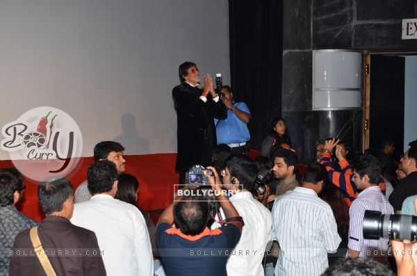 Amitabh Bachchan greets the audience at the Trailer Launch of Shamitabh