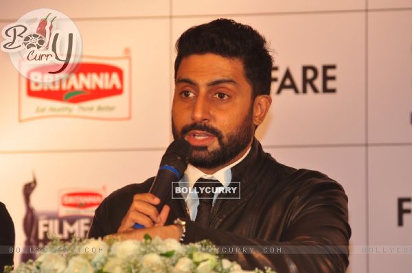 Abhishek Bachchan interacts with the audience at Press Conference of the 60th Filmfare Awards 2014