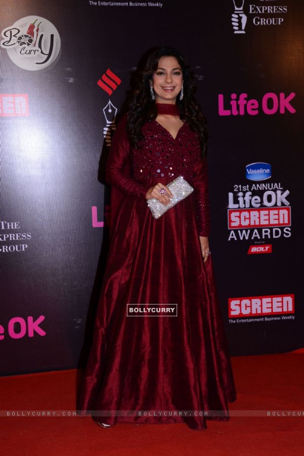 Juhi Chawla poses for the media at 21st Annual Life OK Screen Awards Red Carpet