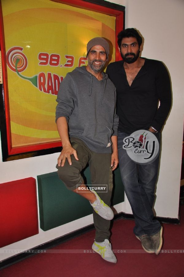 Akshay Kumar and Rana Daggubati pose for the media at the Promotions of BABY on Radio Mirchi (352699)