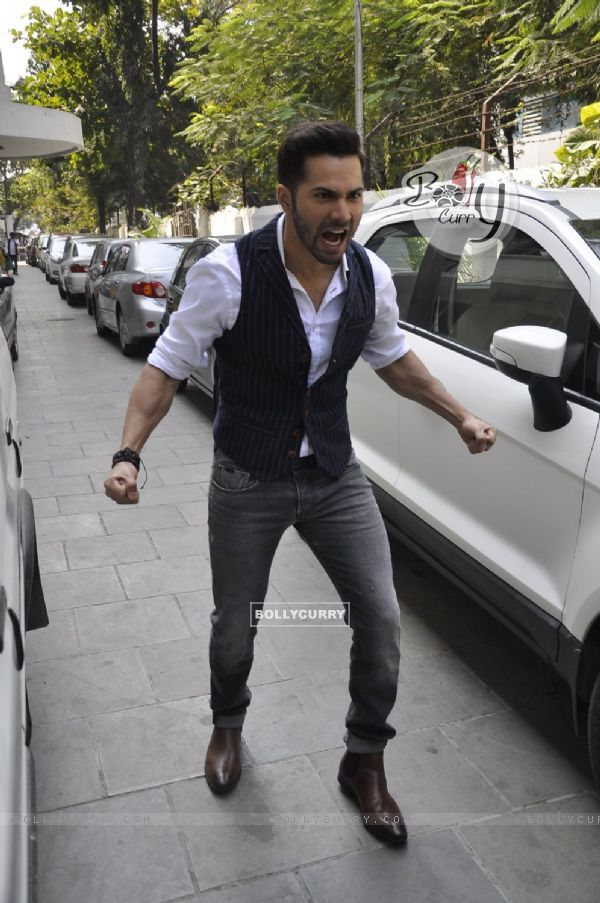 Varun Dhawan does the signature pose from his upcoming movie Badlapur at the Promotions