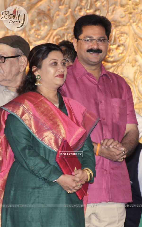 Suchitra Bandekar and Adesh Bandekar pose for the media at Manali Jagtap's Wedding Reception