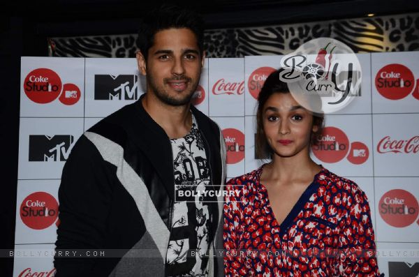 Alia Bhatt and Sidharth Malhotra pose for the media at the Launch of MTV Coke Studio