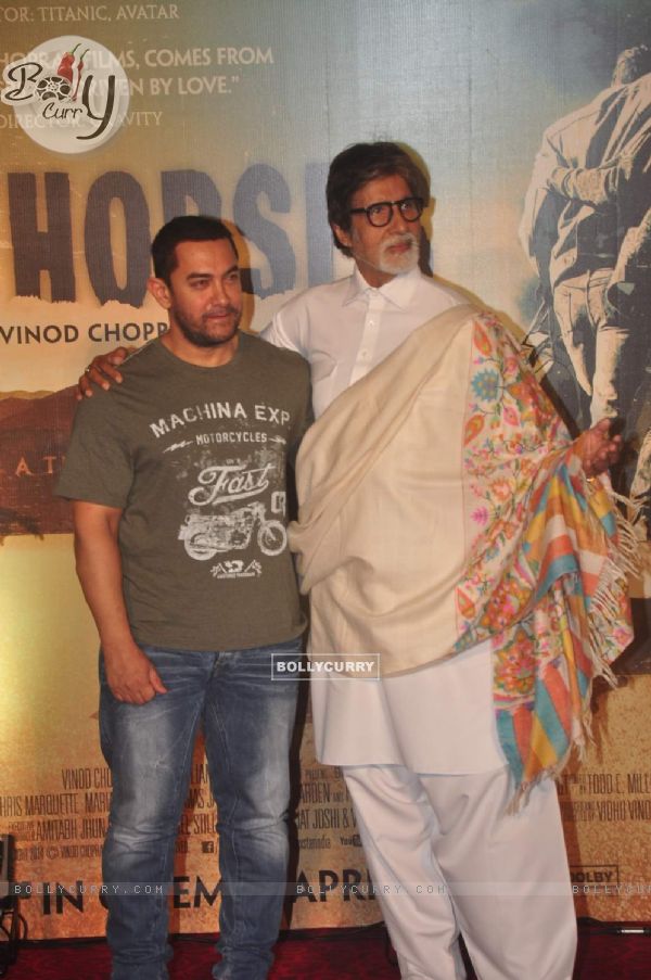 Aamir Khan and Amitabh Bachchan pose for the media at the Trailer Launch of Broken Horses