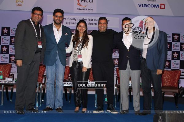 Abhishek Bachchan poses with guests at FICCI Frames 2015 Day 2