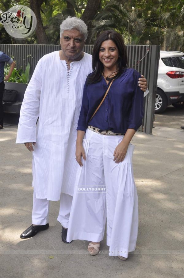 Zoya Akhtar and Javed Akhtar pose for the media at the Music Launch of Dil Dhadakne Do