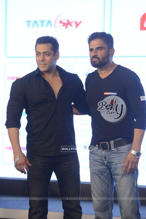 Salman Khan and Sunil Shetty pose for the media at the Launch of the Fitness Channel