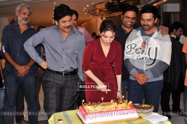 Tammanah cuts her Birthday cake during Celebrations on Oopiri Sets