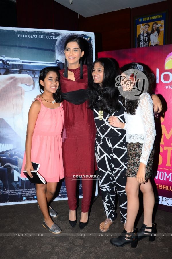Sonam Kapoor poses with her fans at the Promotions of Neerja