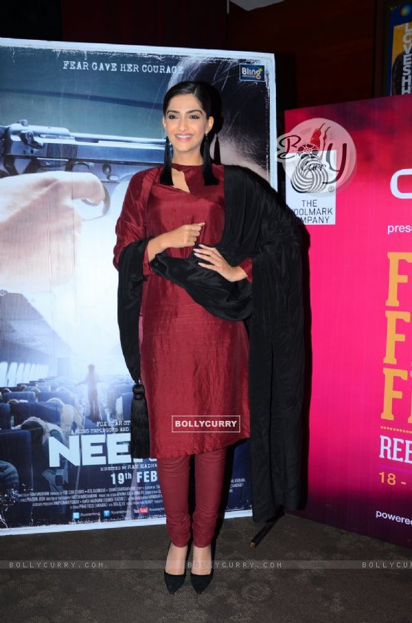 Sonam Kapoor poses for the media at the Promotions of Neerja