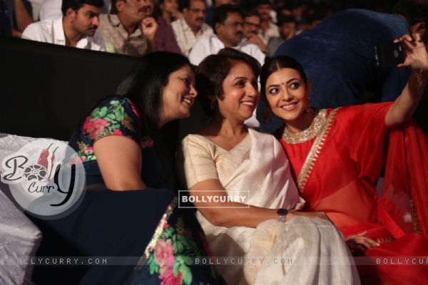 Kajal Aggarwal takes a selfie with Revathi at Trailer Launch of the film 'Brahmotsavam'