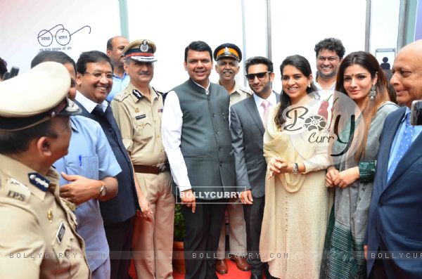 CM Devendra with Shaina and Raveena at Launch of State-of-the-Art Toilets for Police and Railways