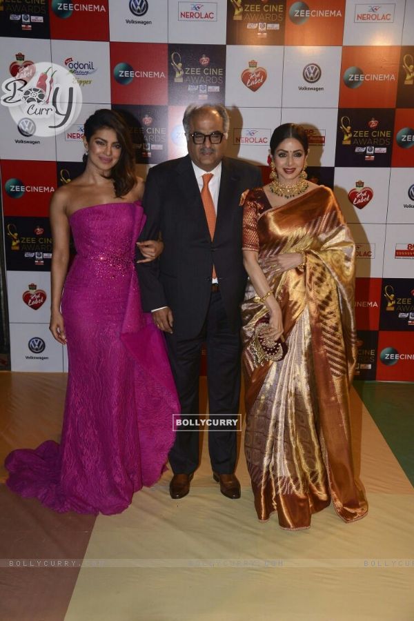 Priyanka poses with Boney Kapoor and his wife Sridevi
