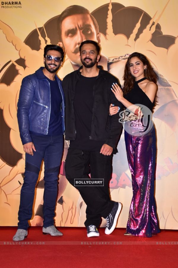 B-town celebs Ranveer-Rohit-Sara pose during Simmba movie trailer launch (440552)