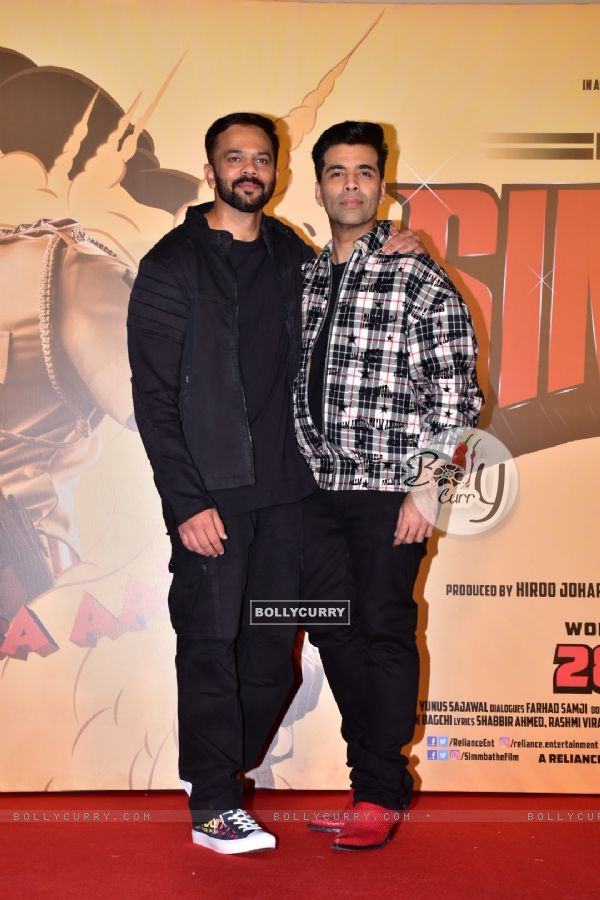 Bollywood filmmakers Rohit Shetty and Karan Johar at Simmba movie trailer launch