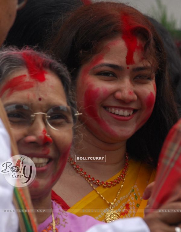 Sindur play is the festival of Vijaya Dashami Durgapuja All the married house wives play with sindur at puja pandel Kolkata on Monday 28th Sep 09