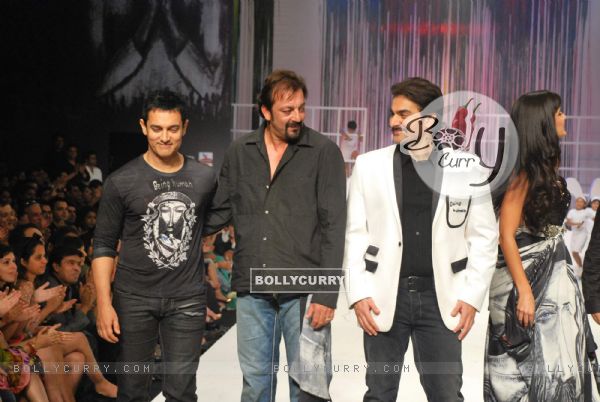 Aamir Khan, Sanjay Dutt and Arbaaz Khan at Salman Khan''s Being Human show at HDIL India Couture Week on Day 2